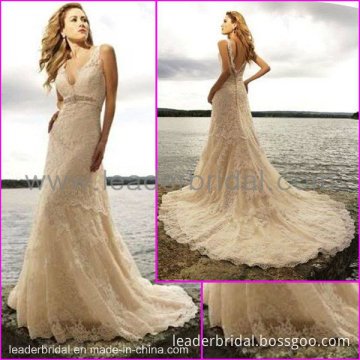 Double Straps V-Neck White Ivory Lace Beaded Beach Bridal Wedding Dress (L21)